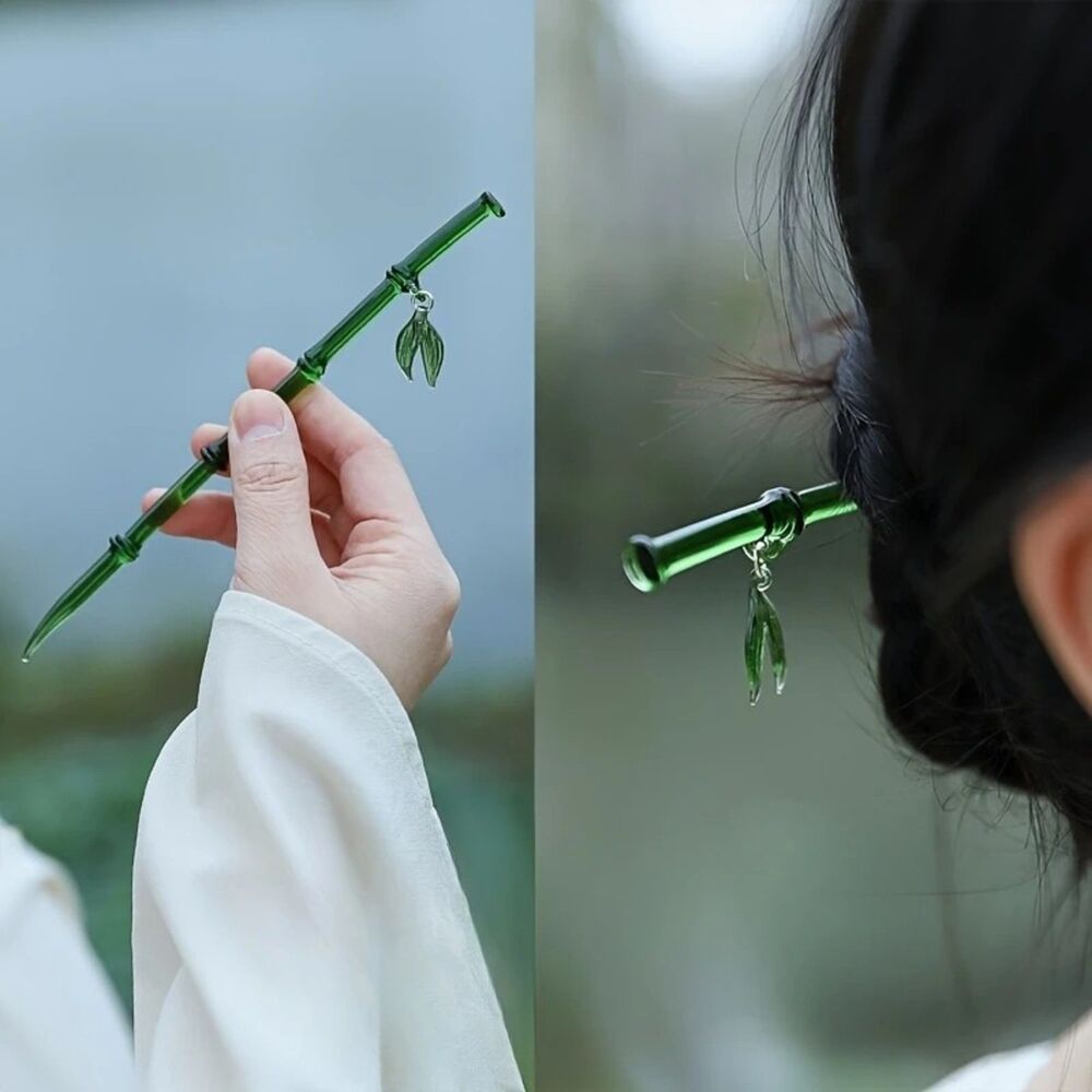 Pair of Ancient Chinese Style Emerald Bamboo Hairpin w/ Leaf Charm